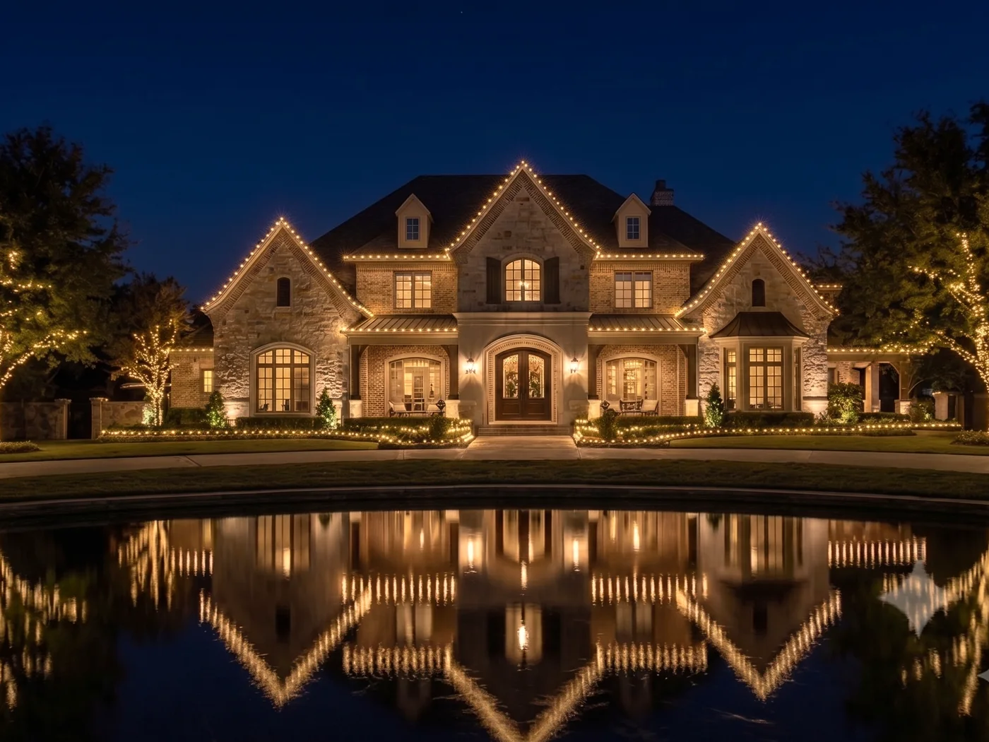 A large symmetrical residence at night, its facade, columns and front stair outlined in warm white lights.