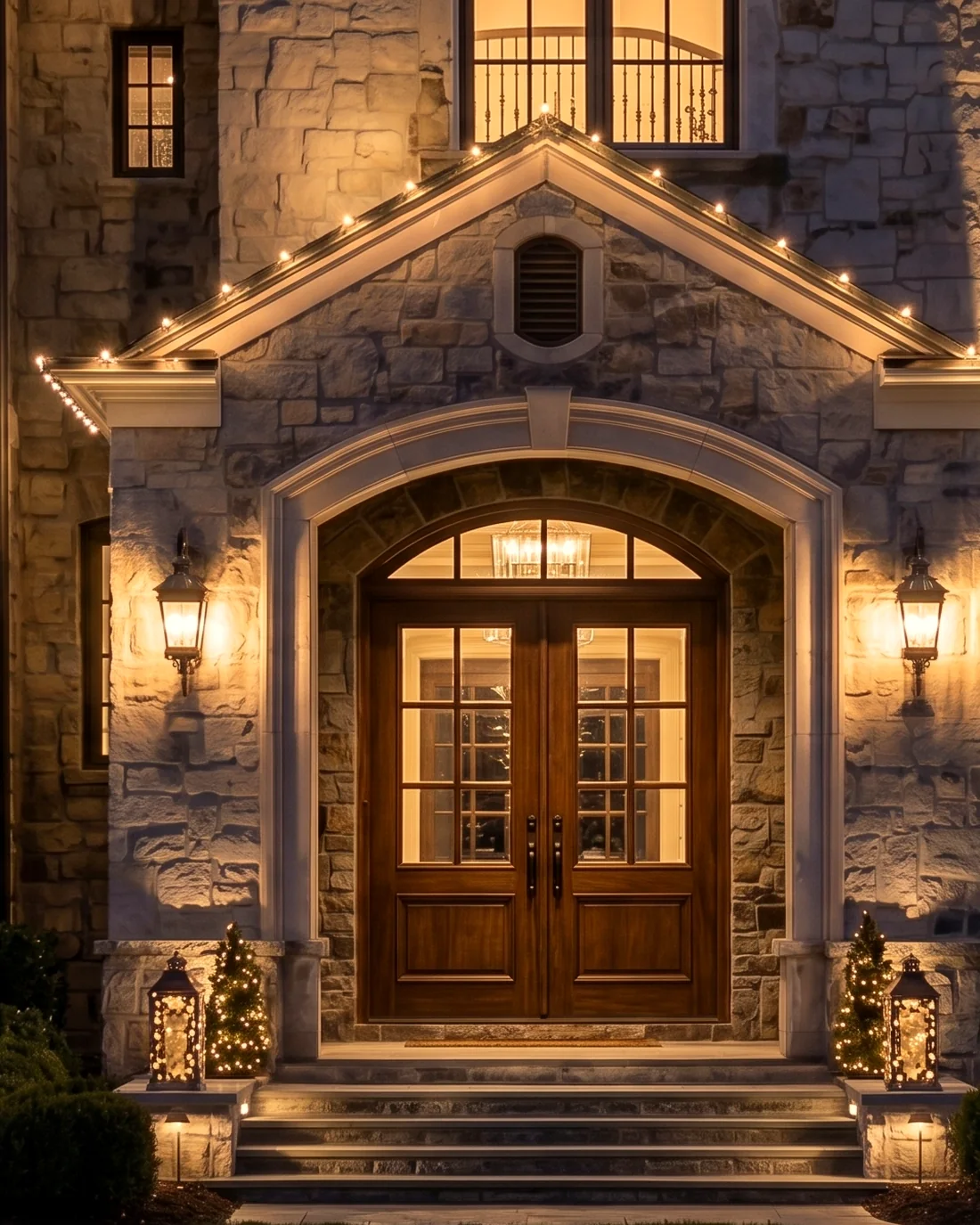 A stone entryway framed by an arched doorway, warm lantern sconces and lit topiaries at the threshold, with the gable above trimmed in white lights.