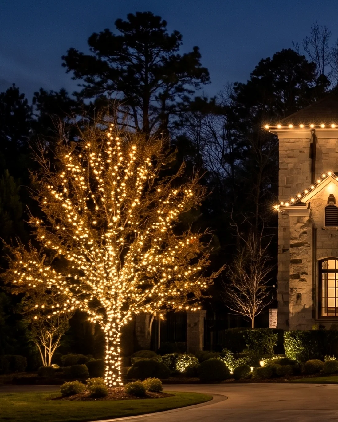 A mature tree with bare branches wrapped trunk to crown in warm white lights, beside the softly lit corner of a stone home at night.